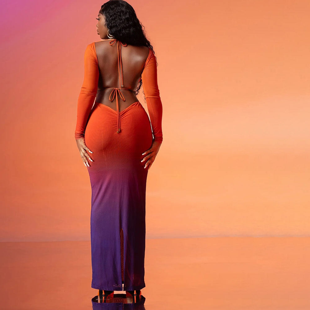 YAYOU figurbetontes Maxikleid mit Farbverlauf