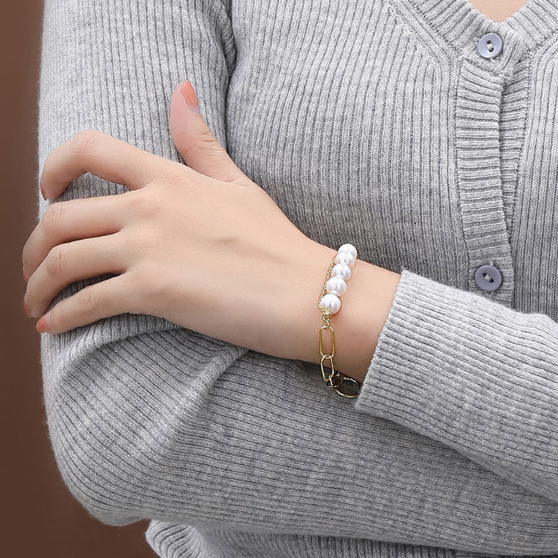 Bracelet chaîne à maillons gourmette en argent sterling avec perles d'eau douce baroques