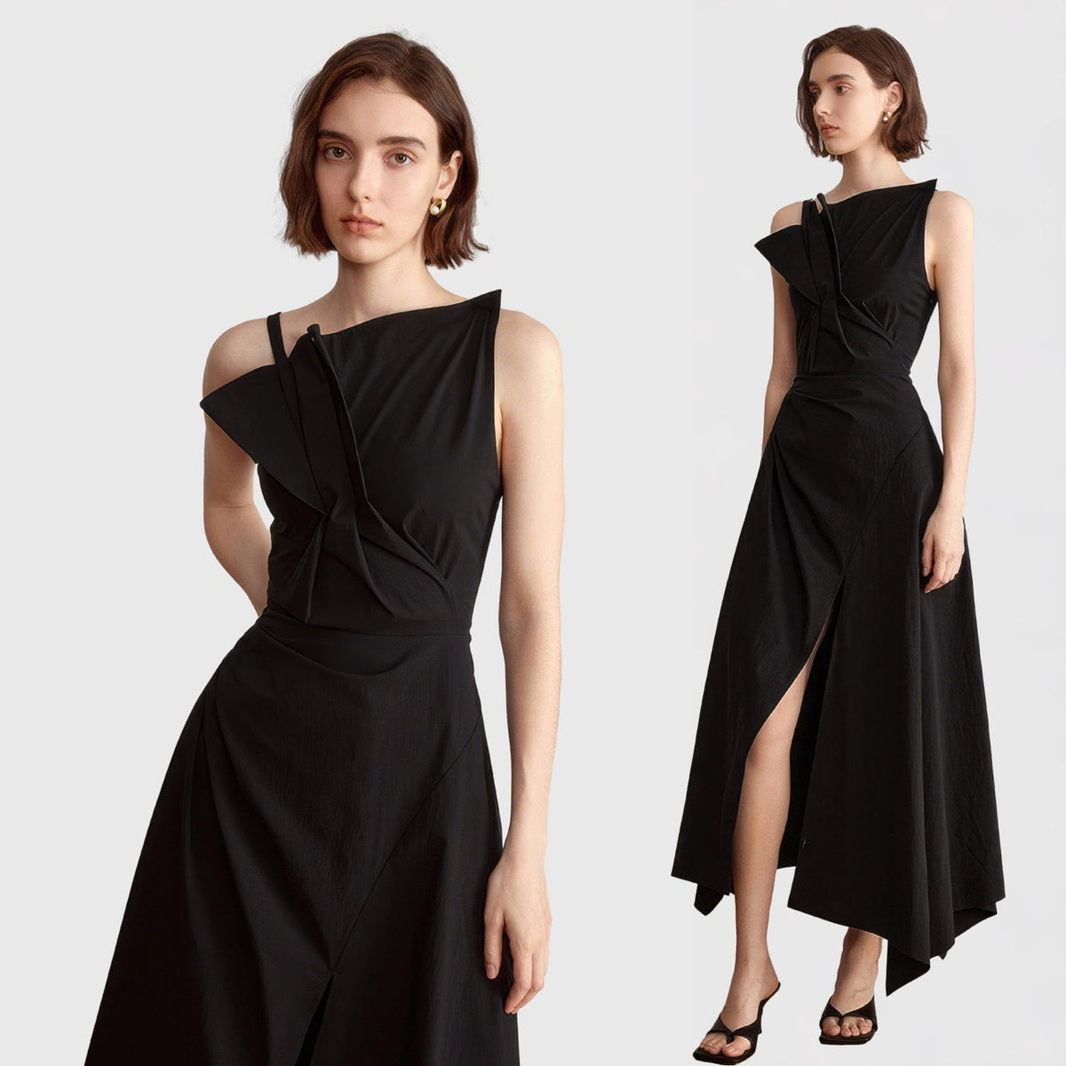 UNREGELMÄSSIGES MIDI-KLEID mit VORDERSCHLITZ - Schwarz