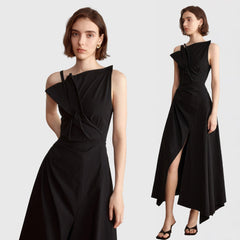 IRREGULAR MIDI Dress with FRONT SLIT - Black