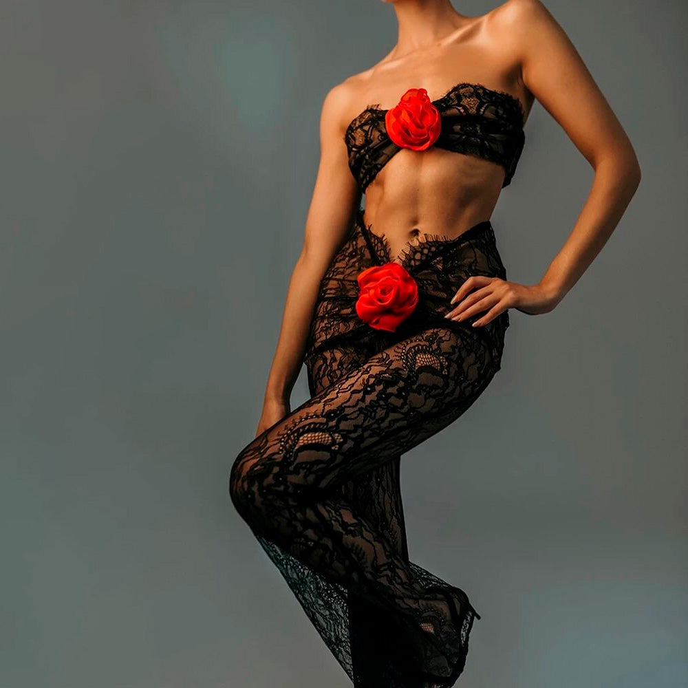 AMMEL CUT Out Lace JUMPSUIT with RED ROSE BOWS