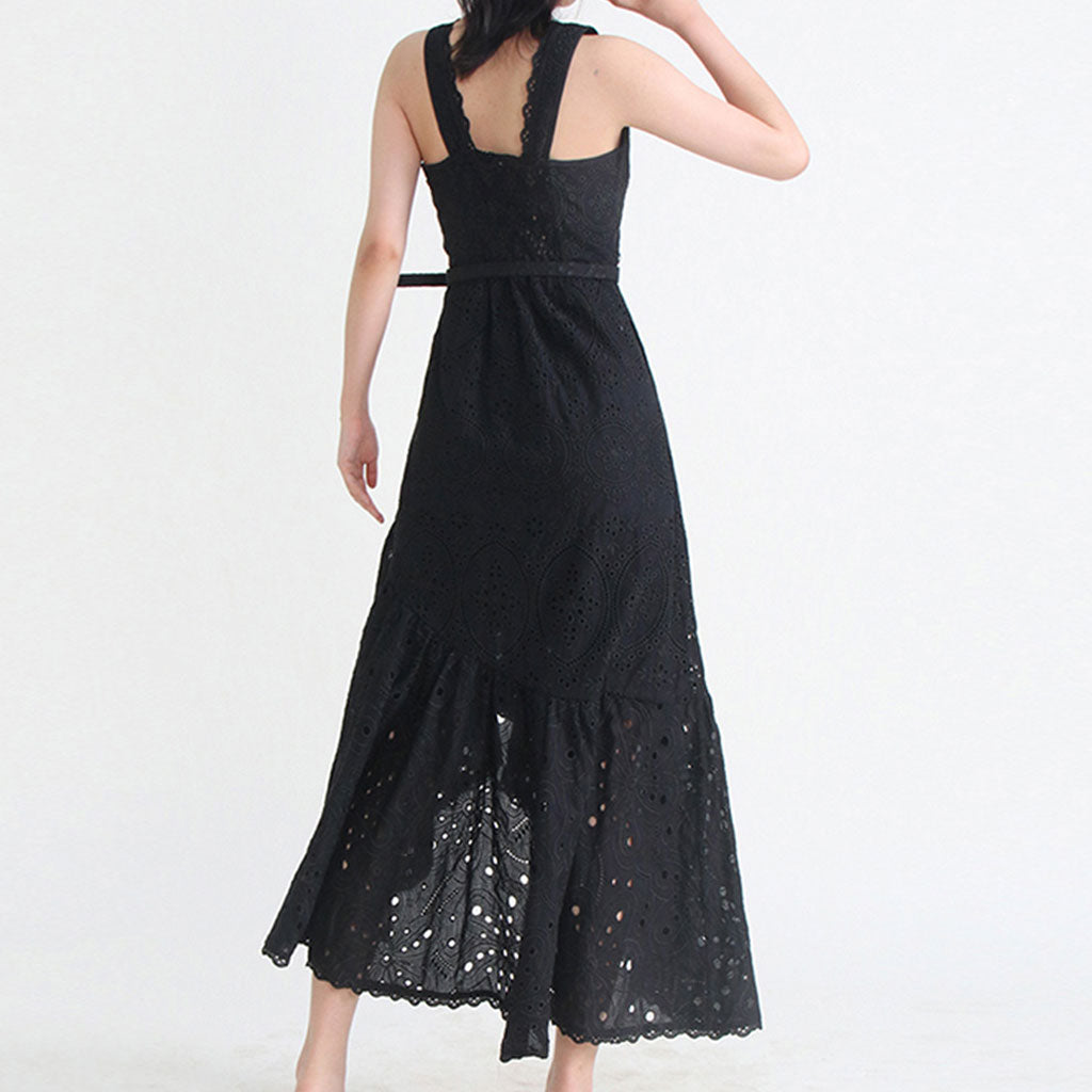 Bohemian Floral Broderie Anglaise Asymmetric Hem Square Neck Belted Midi SunDress