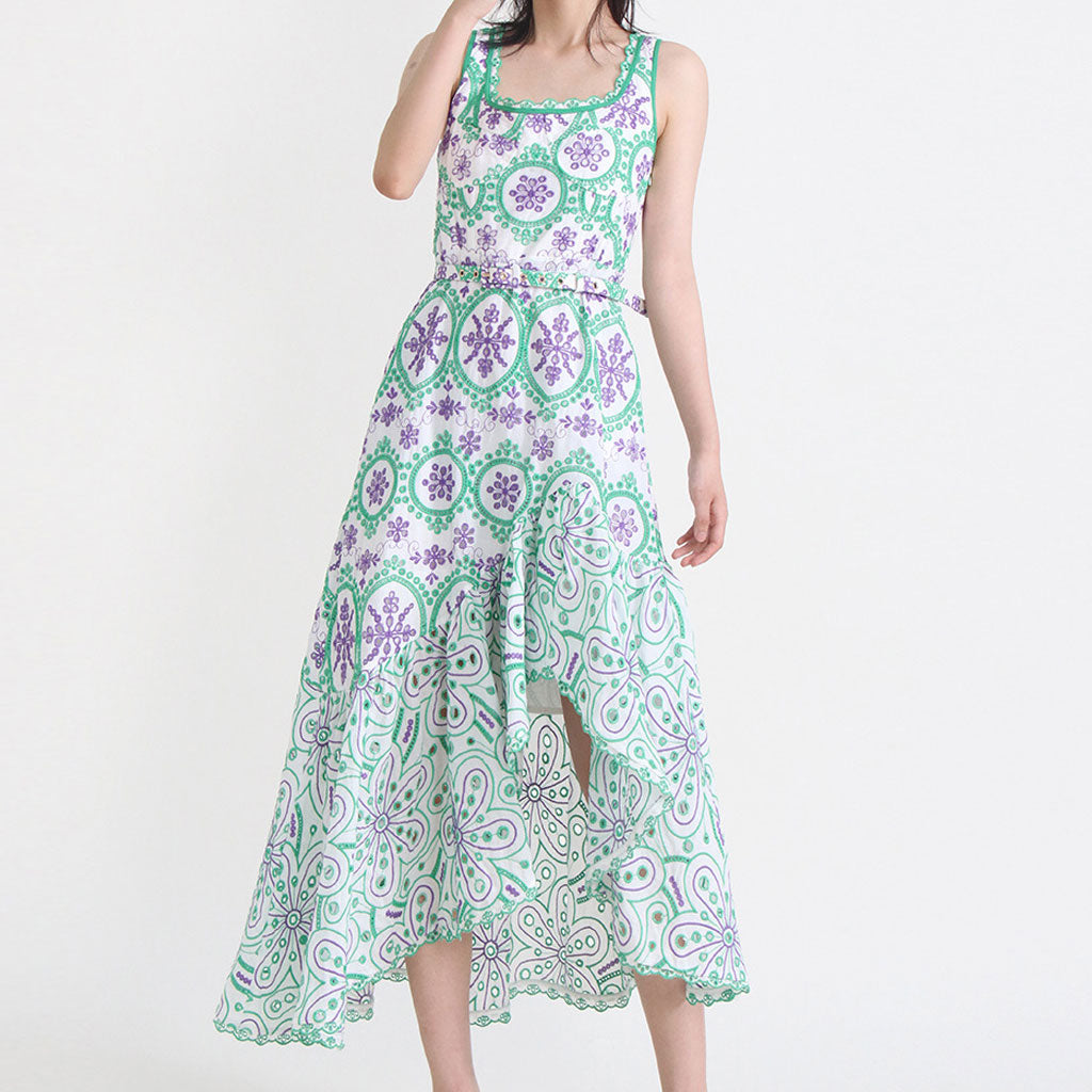 Bohemian Floral Broderie Anglaise Asymmetric Hem Square Neck Belted Midi SunDress