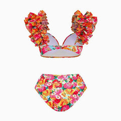 Bikini-Set mit gerüschtem Bügel und mittlerer Taille im Boho-Stil mit Blumenmuster und moderaten Rüschen