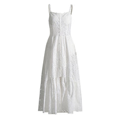 Boho Scalloped Square Neck Cami Button Front Smocked Broderie Anglaise Midi SunDress