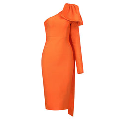 Bowknot One Shoulder Long Sleeve Bodycon Bandage Midi Dress - Burnt Orange