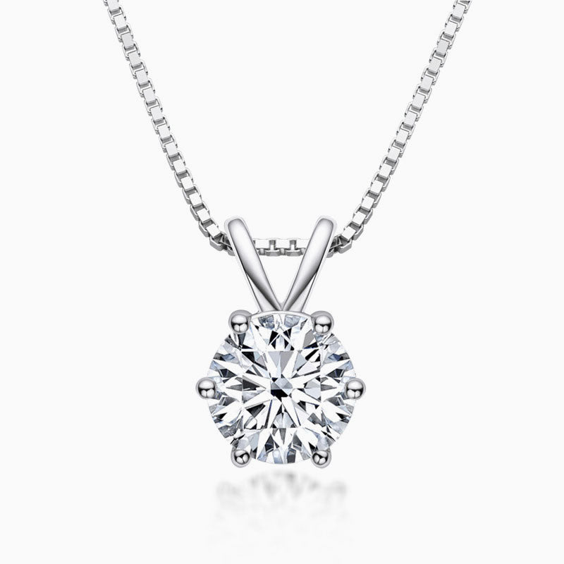 Box Chain Sterling Silver Six Prong Moissanite Solitaire Pendant NeckLace