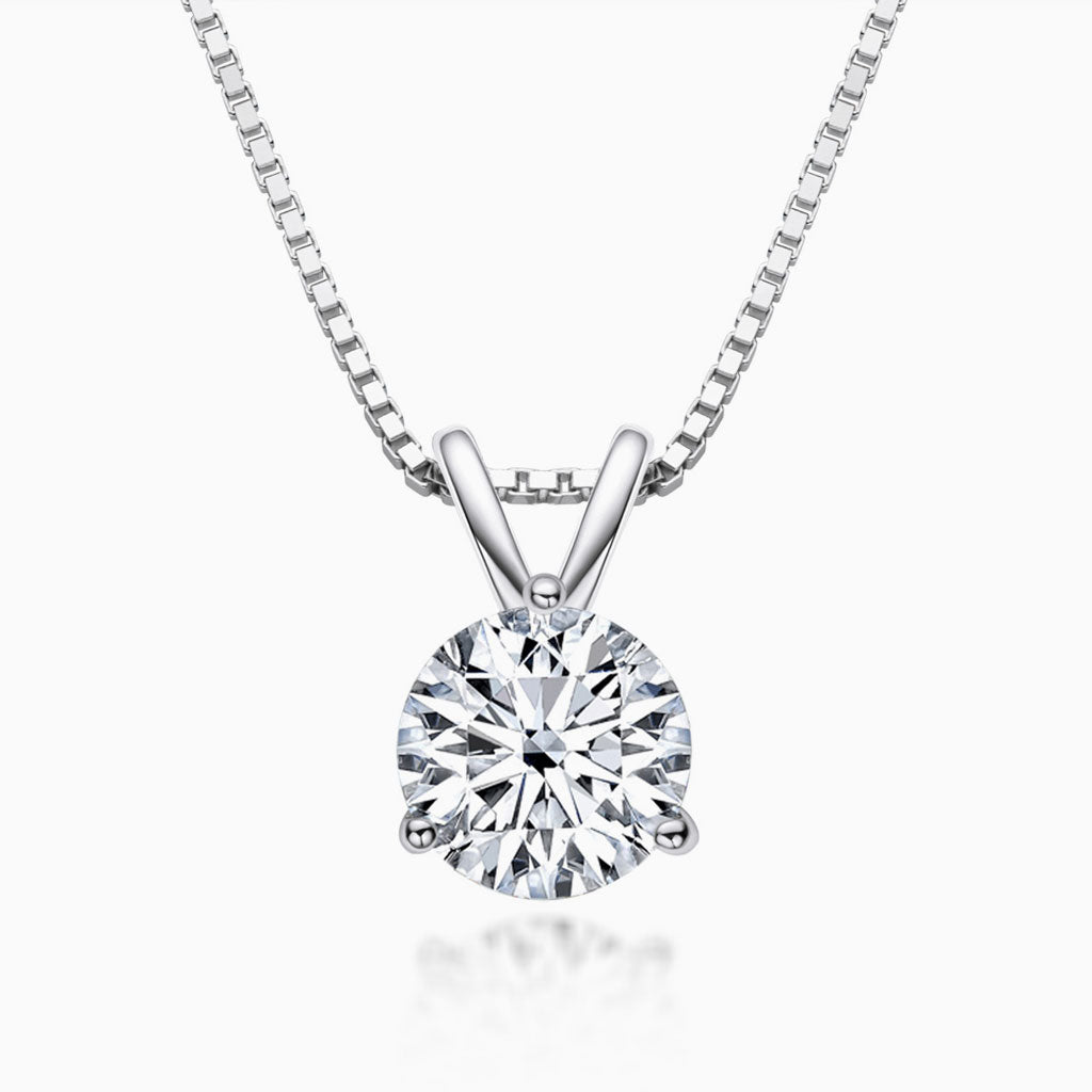 Box Chain Sterling Silver Three Prong Moissanite Solitaire Pendant NeckLace