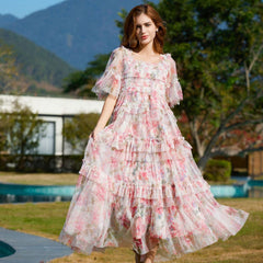 Breezy Short Sleeve A Line Summer Smocked Printed Floral Tulle Ruffle Maxi Dress