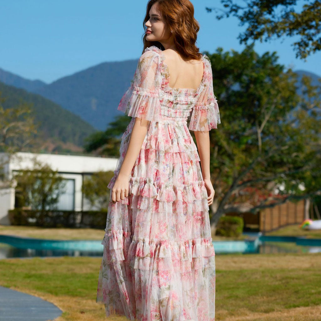 Breezy Short Sleeve A Line Summer Smocked Printed Floral Tulle Ruffle Maxi Dress