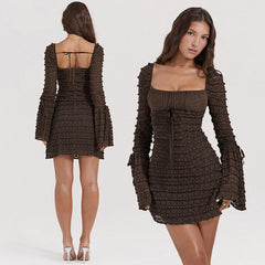Robe courte évasée à volants et manches longues AMINA