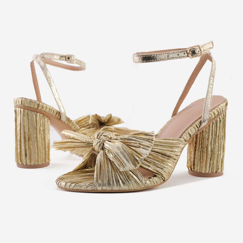 Butterfly Bow Trim Block Heel Peep Toe Pleated Sandals - Gold