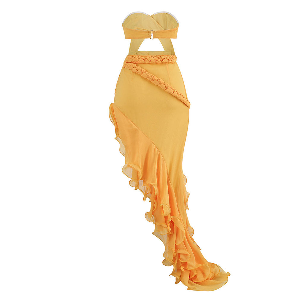 Cascading Ruffle Crossed Bandeau CutOut Braided Waist Asymmetrical Evening Dress