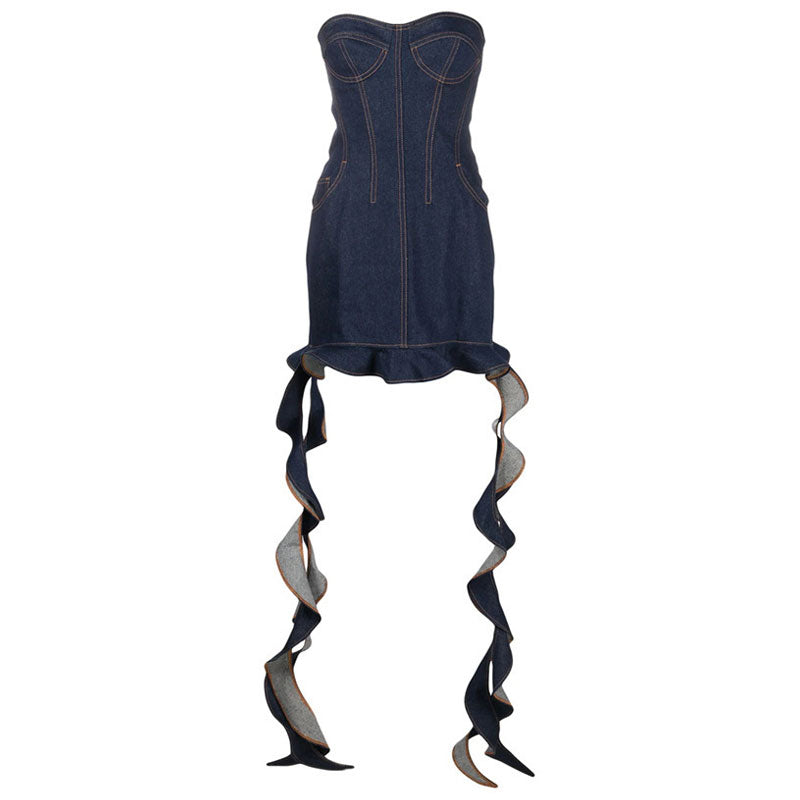 Cascading Ruffle Hem Stitched Sweetheart Bandeau Bodycon Mini Denim Dress