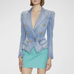 Chic Gold Button Peak Lapel Double Breasted Tailored Denim Blazer - Light Blue