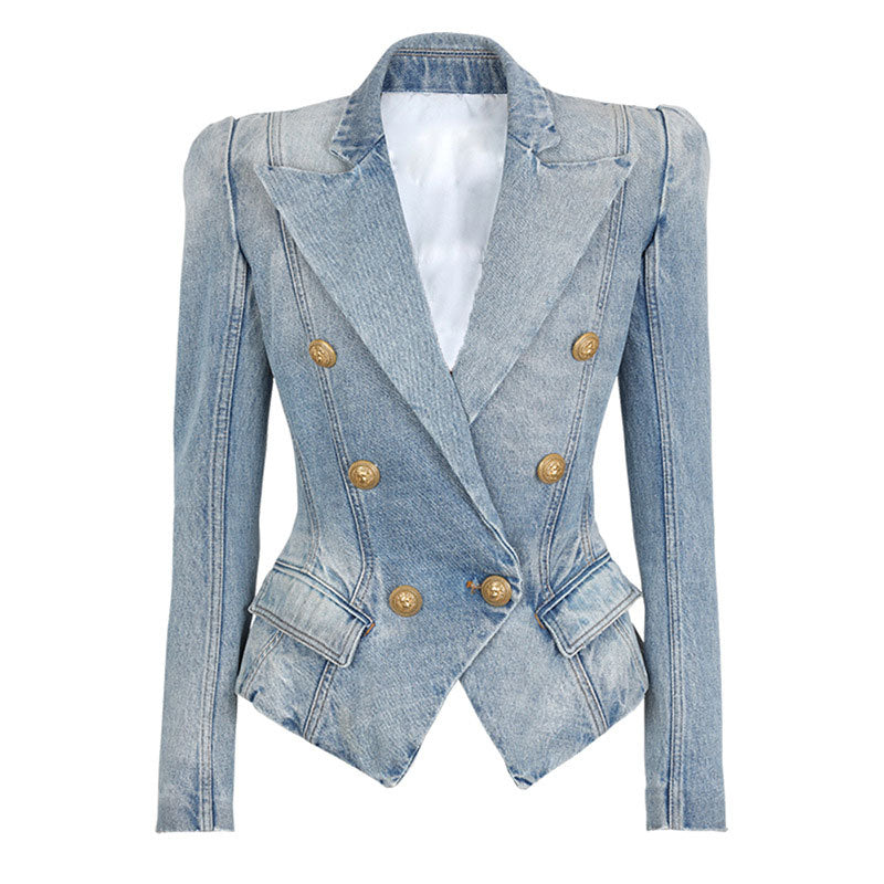 Chic Gold Button Peak Lapel Double Breasted Tailored Denim Blazer - Light Blue