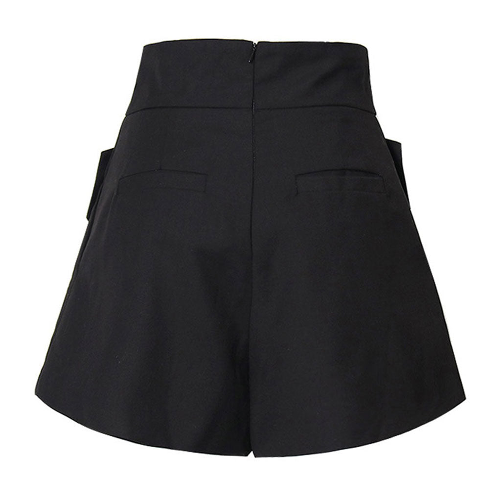 Casual Metallic Button Cross Strap High Waist Frill Trim A-Line Shorts