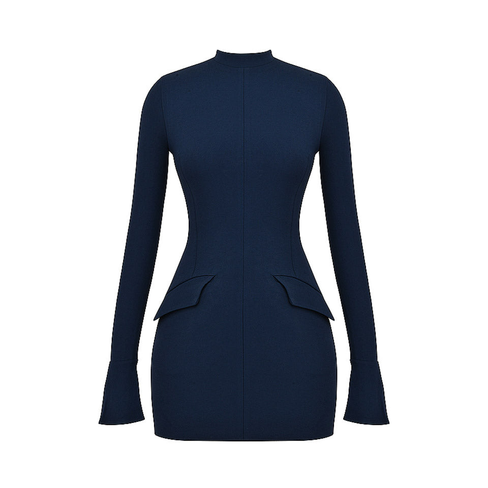 DARK BLUE Mini Dress with Pockets and Long SleeveS