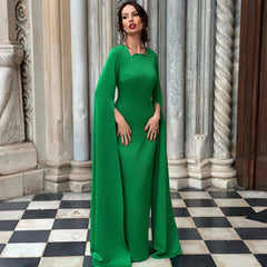 Celebrity Uneven Neck Full Cape Sleeve A Line Back Split Floor Length Evening Dress