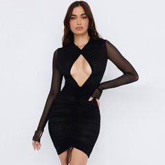 Charming CutOut Long Sleeve Ruched Mesh Bodycon Mini Dress - Black