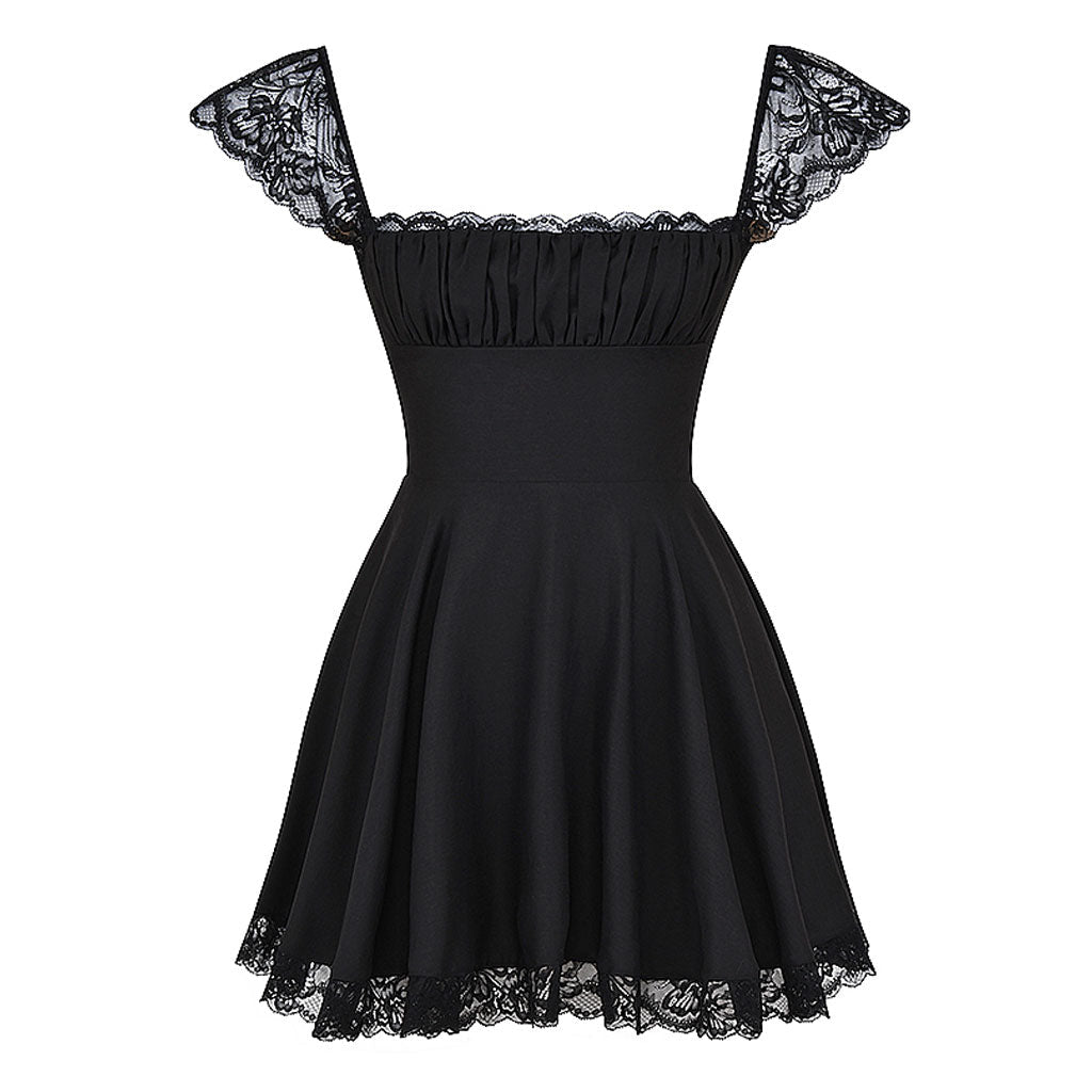 Charming Lace Trim Lace Up Ruched Square Neck Fit and Flare Mini SunDress