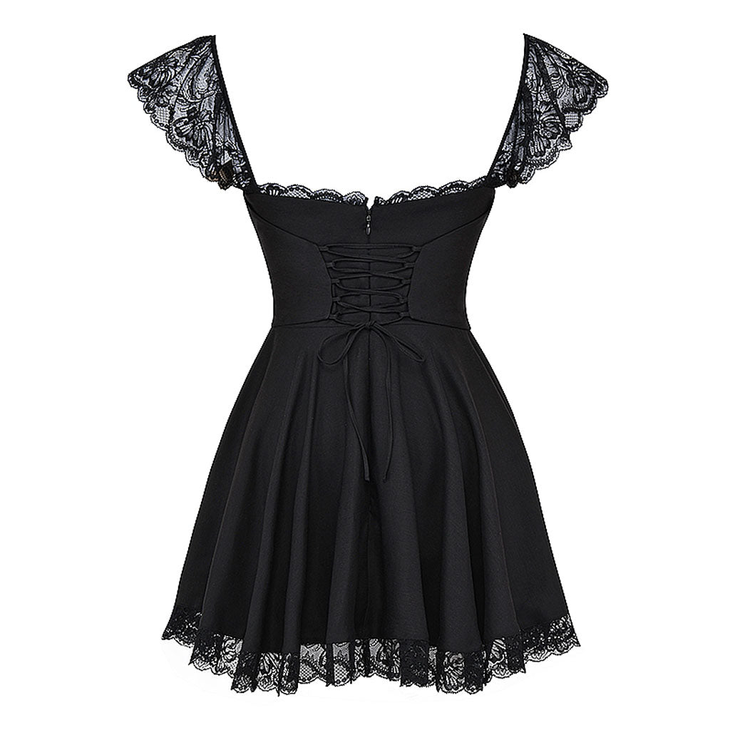 Charming Lace Trim Lace Up Ruched Square Neck Fit and Flare Mini SunDress