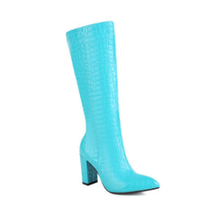 Bottes hautes à talon épais et bout pointu effet croco chic - Turquoise