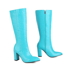 Bottes hautes à talon épais et bout pointu effet croco chic - Turquoise