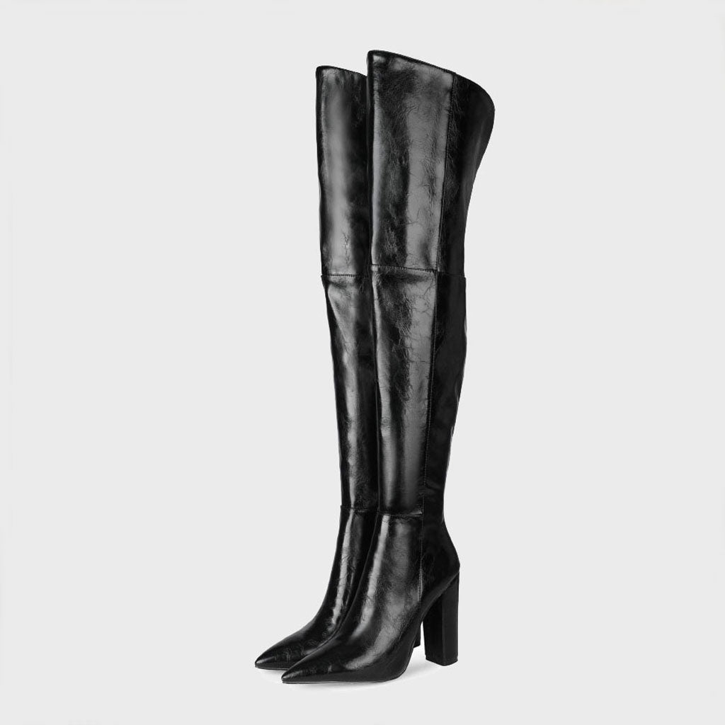 Bottes chics en similicuir à talon bloc et bout pointu au-dessus du genou - Noir