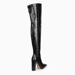 Bottes chics en similicuir à talon bloc et bout pointu au-dessus du genou - Noir