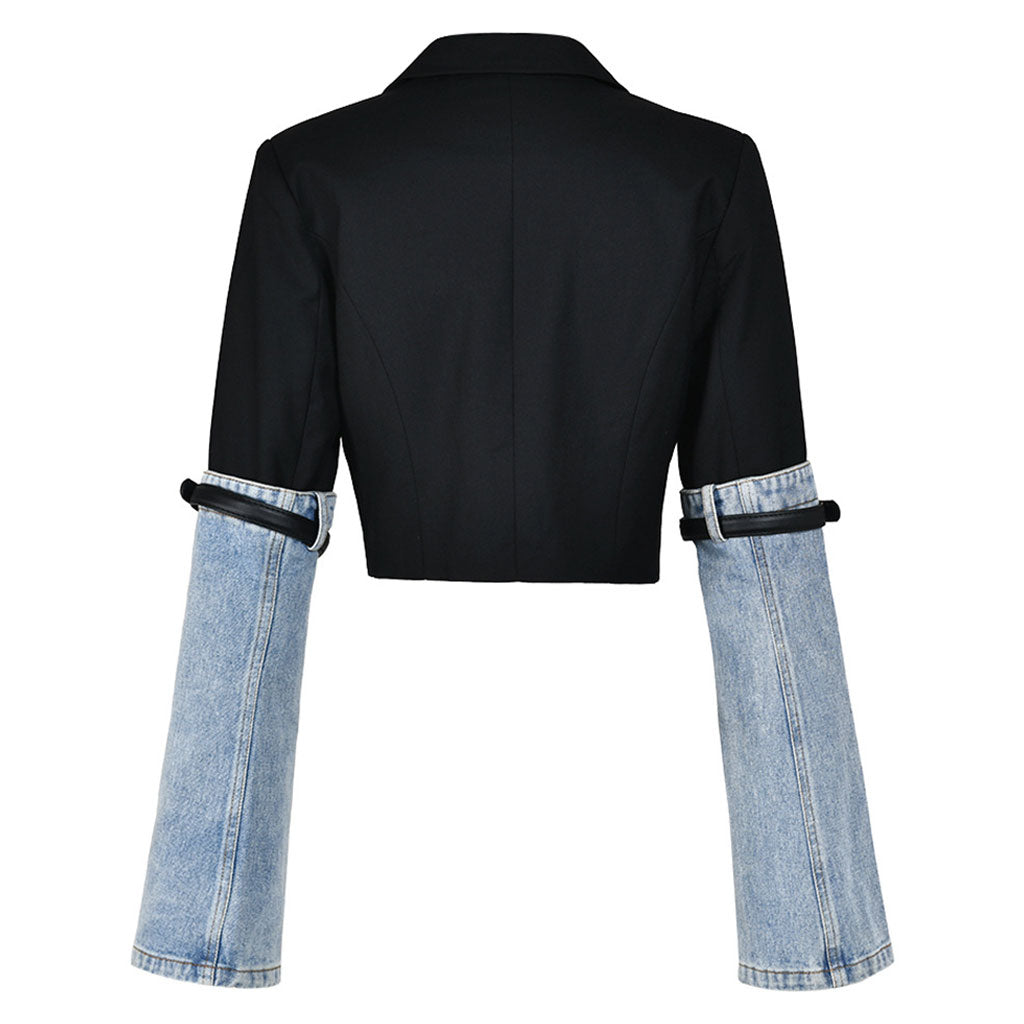 Schicker, einreihiger, verkürzter Hybrid-Denim-Blazer mit Reverskragen und Gürtel