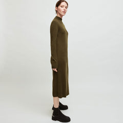 Chic Long Sleeve Button Trim High Neck Midi Sweater Dress - Army Green