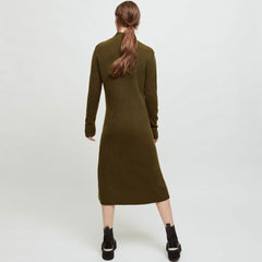 Chic Long Sleeve Button Trim High Neck Midi Sweater Dress - Army Green