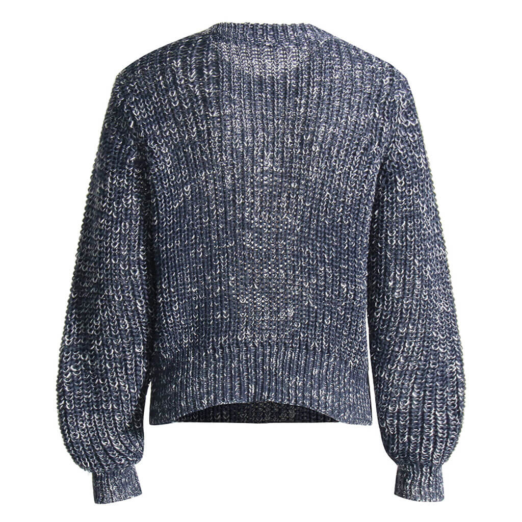 Chic Metal Chain Embellished Distressed Front Marled Knit Pullover Sweater - Blue