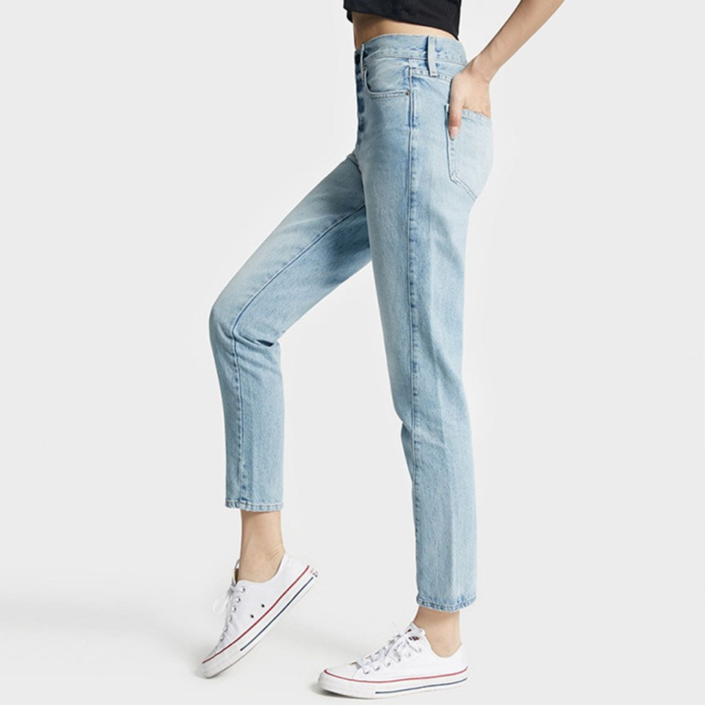 Schicke, verkürzte Skinny Jeans mit mittelhohem Bund und verdrehter Naht und Knopfleiste - Blau