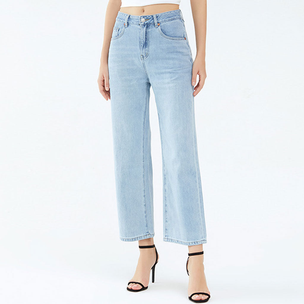 Chic Mid Waist Ankle Length Faded Wide Leg Jeans - Light Blue