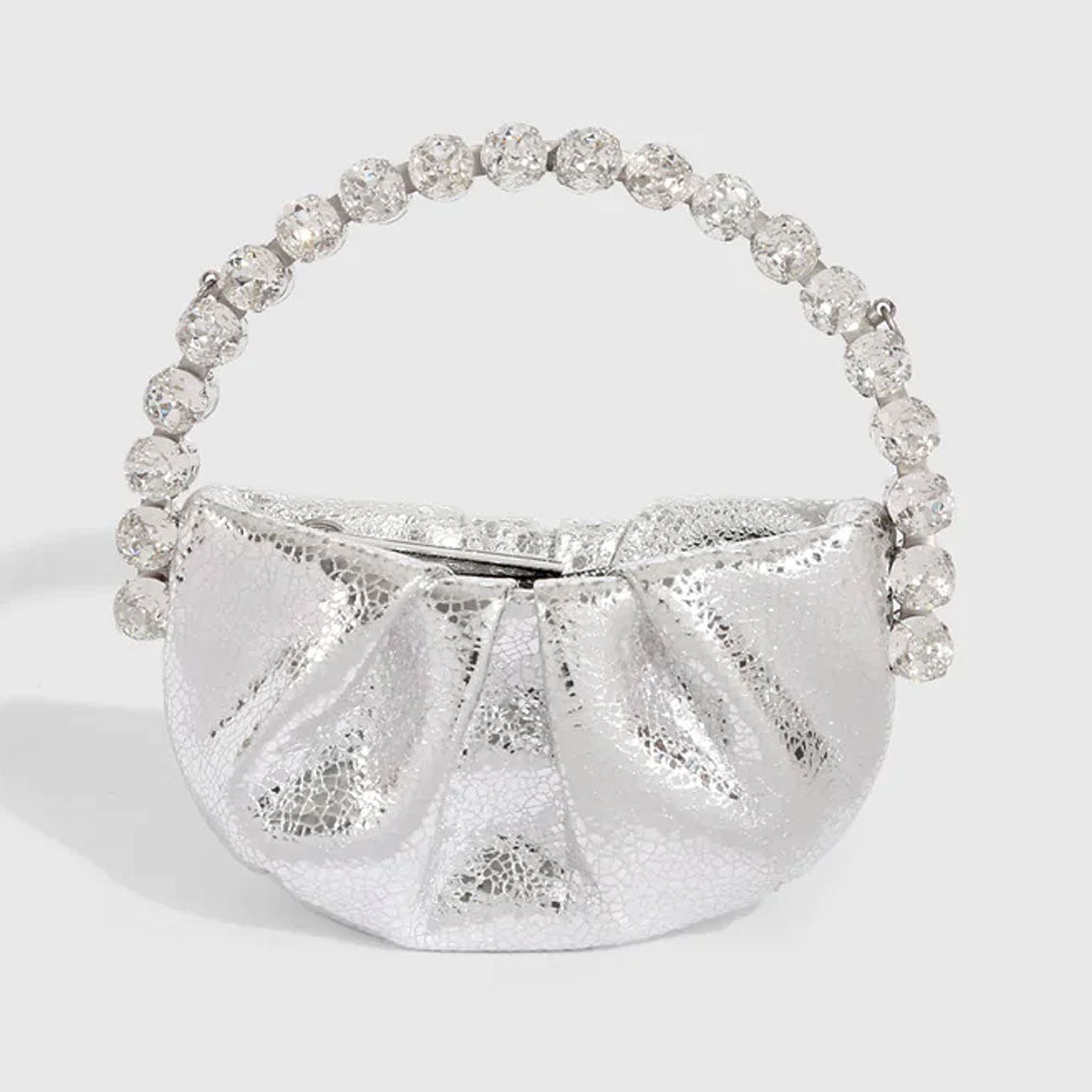 Mini-pochette en cuir froncé ornée de strass chic et semi-circulaire - Argent