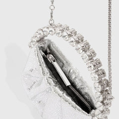 Schicke, mit Strass verzierte, halbrunde Mini-Clutch aus gerafftem Leder - Silber