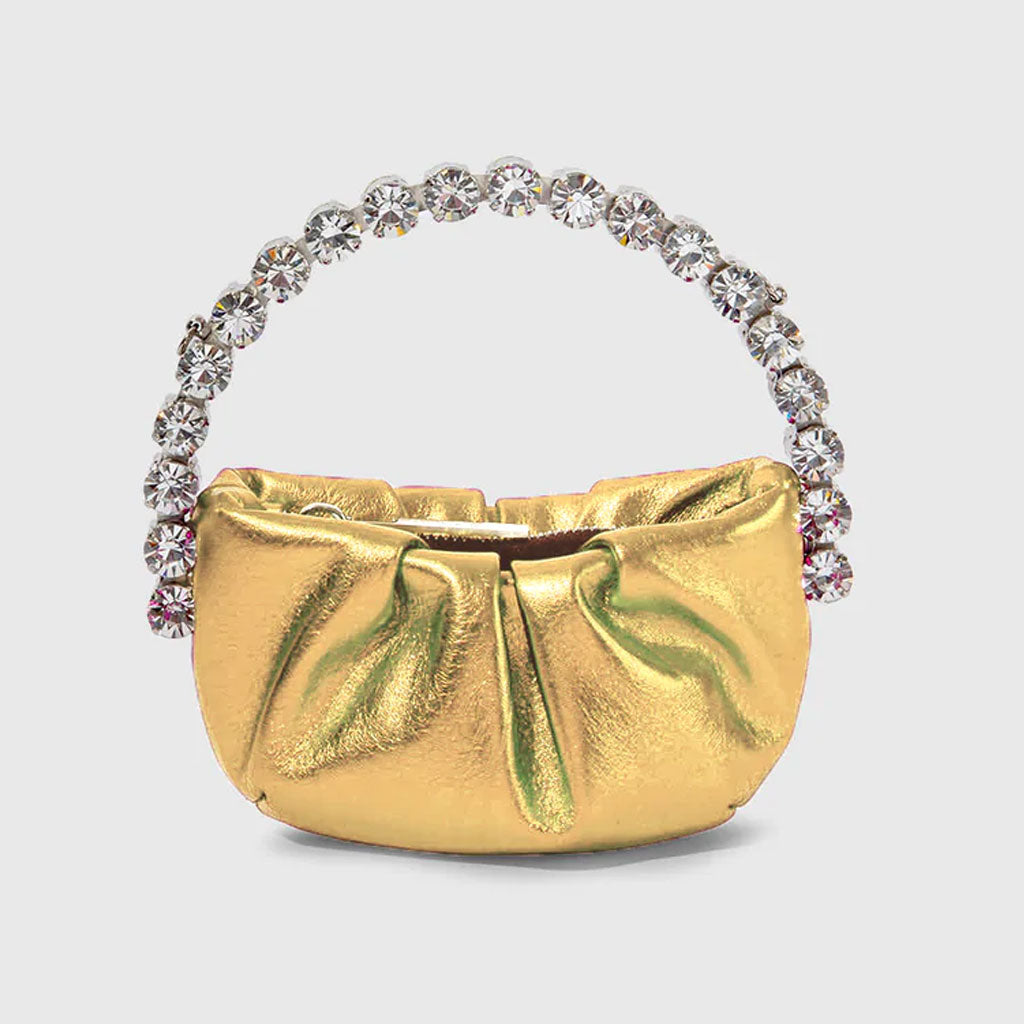 Schicke, Strassverzierte, geraffte, halbrunde Mini-Clutch aus Satin - Gold