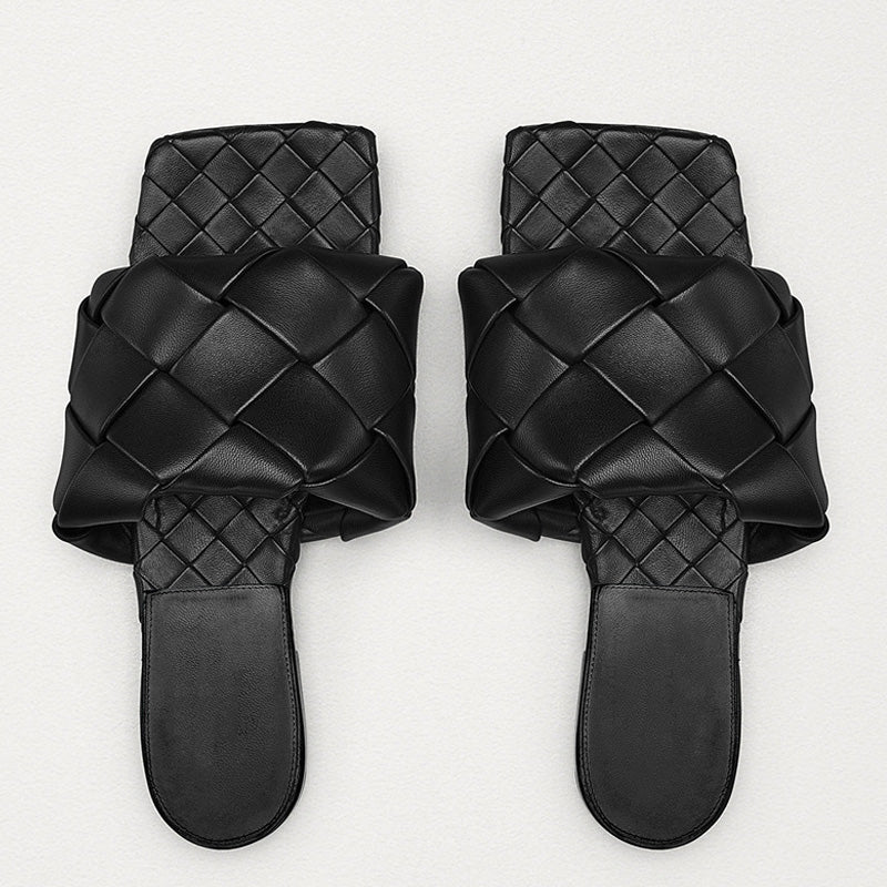 Chic Square Toe Braided Leather Slides - Black