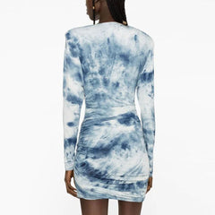 Chic Tie Dye Print Deep V Shoulder Pad Long Sleeve Ruched Bodycon Mini Dress