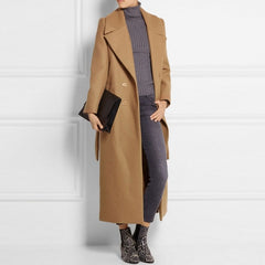 Classic Notched Lapel Double Breasted Belted Cargo Pocket Wool Blend Coat