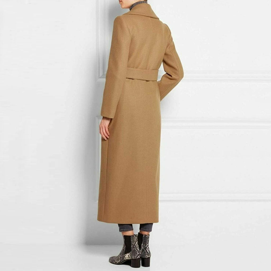 Classic Notched Lapel Double Breasted Belted Cargo Pocket Wool Blend Coat