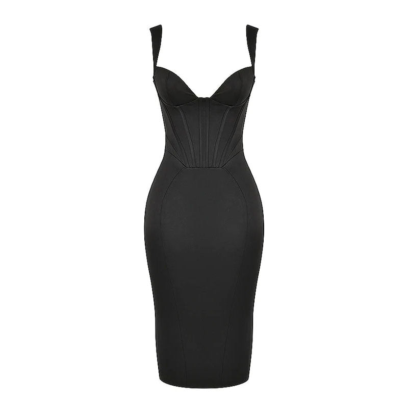 Classic Sleeveless Suspender Strap Sweetheart Bustier Midi Bandage Dress - Black