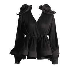 Classy 3D Ruffle Rosette V Neck Long Sleeve Pleated Peplum Blouse