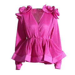 Classy 3D Ruffle Rosette V Neck Long Sleeve Pleated Peplum Blouse