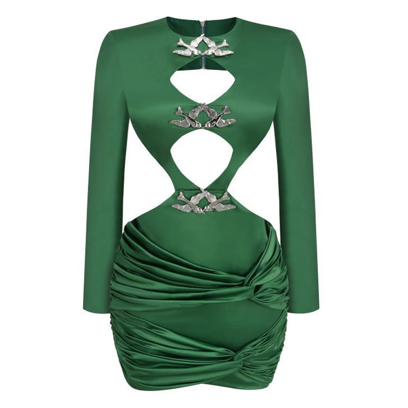 Classy Bird Detail Long Sleeve Twist Ruched CutOut Satin Mini Dress