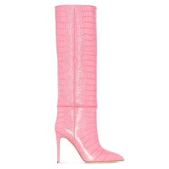 Edle kniehohe Stiletto-Stiefel mit Krokodil-Effekt und spitzer Zehenpartie - Pink