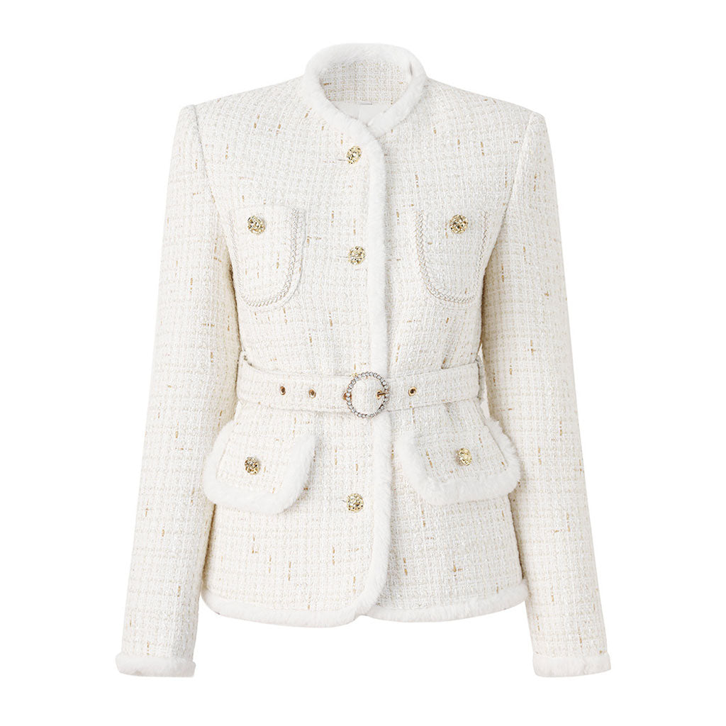 Edle Tweedjacke mit Stehkragen, Knopfleiste, Lurex-Stich und Gürtel, Kunstpelzbesatz