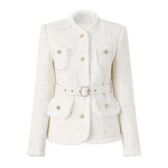 Edle Tweedjacke mit Stehkragen, Knopfleiste, Lurex-Stich und Gürtel, Kunstpelzbesatz